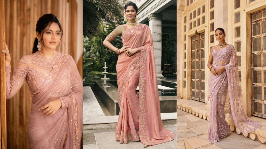 फेमिनिन और फैशनेबल: ब्लश ब्लूम ड्रेप साड़ी का क्रेज
